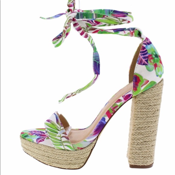 Floral tie up ankle wrap chunky platform heels espadrille sandals - Picture 2 of 3